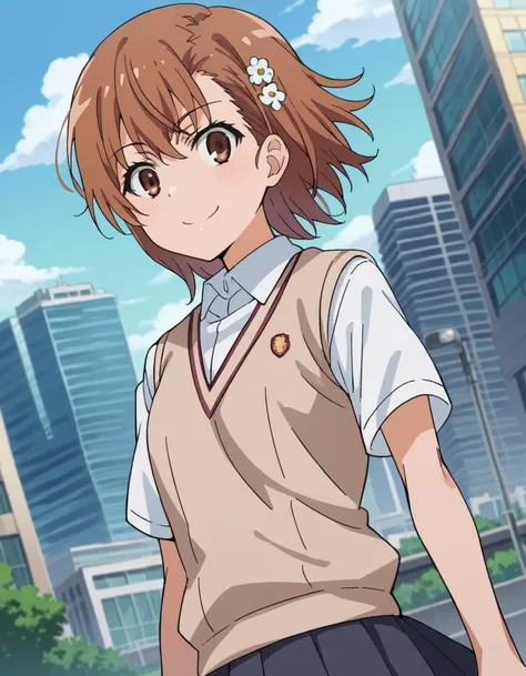 score_9, score_8_up, score_7_up, source_anime,
mikotomisaka, <lora:mikoto-misaka-ponyxl-lora-nochekaiser:1>,
mikoto misaka, short hair, brown hair, hair ornament, hair flower, brown eyes,
skirt, shirt, school uniform, white shirt, short sleeves, pleated skirt, grey skirt, sweater vest, tokiwadai school uniform,
outdoors, cityscape, smile,
looking at viewer, cowboy shot, dutch angle,