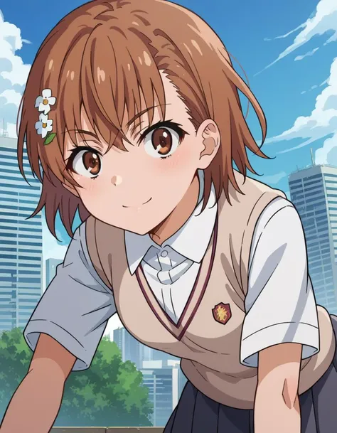 score_9, score_8_up, score_7_up, source_anime,
mikotomisaka, <lora:mikoto-misaka-ponyxl-lora-nochekaiser:1>,
mikoto misaka, short hair, brown hair, hair ornament, hair flower, brown eyes,
skirt, shirt, school uniform, white shirt, short sleeves, pleated skirt, grey skirt, sweater vest, tokiwadai school uniform,
outdoors, cityscape, smile, bent over,
looking at viewer, cowboy shot, dutch angle,