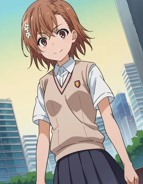 score_9, score_8_up, score_7_up, source_anime,
mikotomisaka, <lora:mikoto-misaka-ponyxl-lora-nochekaiser:1>,
mikoto misaka, short hair, brown hair, hair ornament, hair flower, brown eyes,
skirt, shirt, school uniform, white shirt, short sleeves, pleated skirt, grey skirt, sweater vest, tokiwadai school uniform,
outdoors, cityscape, smile,
looking at viewer, cowboy shot, dutch angle,