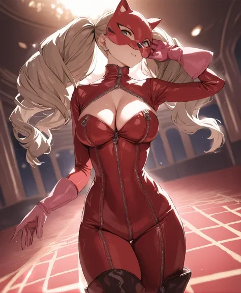 (best quality,masterpiece,:1.4)
<lora:ann_xl_a3:1>,Takamaki Ann,light trail, ray tracing,Reflective
(in Casino :1.9),cat mask,
red bodysuit, twintails, cleavage, pink gloves, zipper, bangs,
heart-shaped earrings, jewelry, clothing cutout, full-length zipper, latex, large breasts,boots
crossed legs,arm up,
disgust,