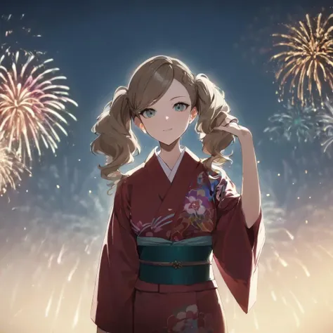 1girl, takamaki ann, wearing kimono with fireworks in background, (masterpiece), cinematic, beautiful light, best quality, newest, safe, absurdres <lora:ann_xl_rev2:1>