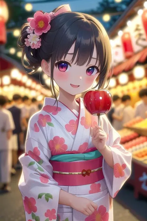 masterpiece,petite,best quality,ultra detail,(candy apple),girl,happy,blush,floral yukata,night,Festival,market,shop, RGAM,<lora:candy_apple_v1:0.5>