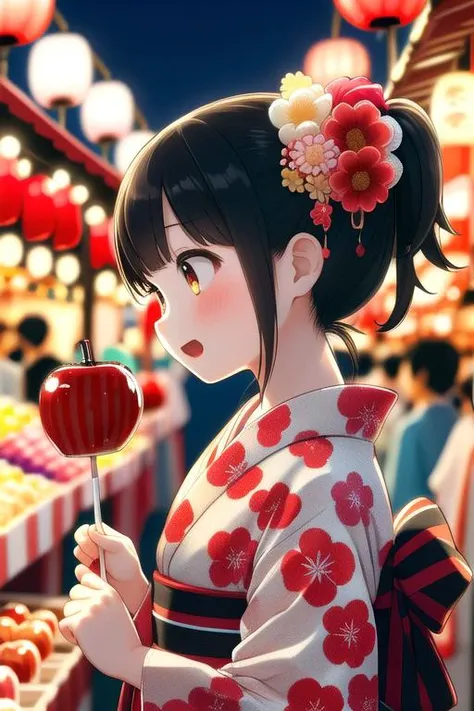 masterpiece,petite,best quality,ultra detail,(candy apple),girl,open mouth,blush,yellow yukata,night,Festival,market,shop, RGAM,<lora:candy_apple_v1:0.5>black ponytail hair,hair ornaments,fireworks,from side