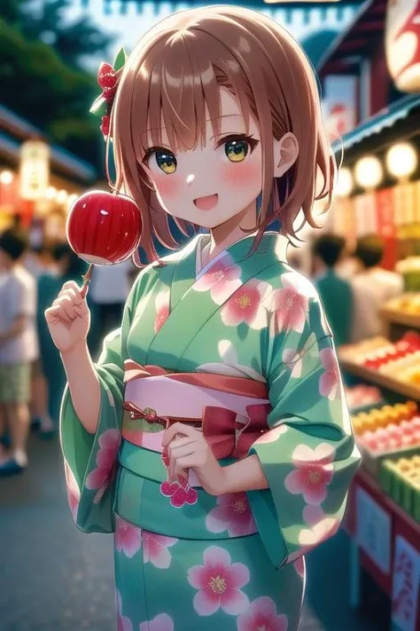 masterpiece,petite,best quality,ultra detail,(candy apple),girl,happy,blush,green yukata,night,Festival,market,shop, RGAM,<lora:candy_apple_v1:0.5>misaka mikoto