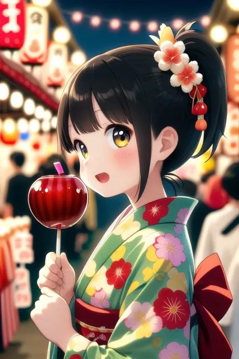 masterpiece,best quality,ultra detail,(candy apple),girl,open mouth,blush,yellow yukata,night,Festival,market,shop, RGAM,<lora:candy_apple_v1:0.5>black ponytail hair,hair ornaments,fireworks,from side,looking at viewer