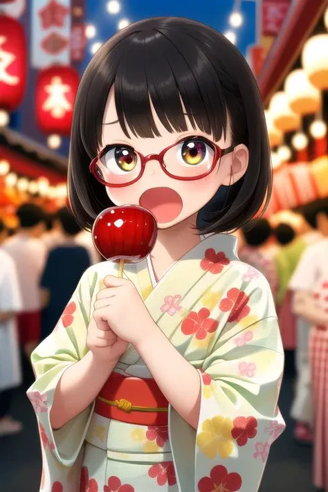 masterpiece,petite,best quality,ultra detail,(candy apple),girl,open mouth,blush,yellow yukata,night,Festival,market,shop, RGAM,<lora:candy_apple_v1:0.5>black hair,glasses, <lora:largecirclemouth_v100:1>looking at own hands