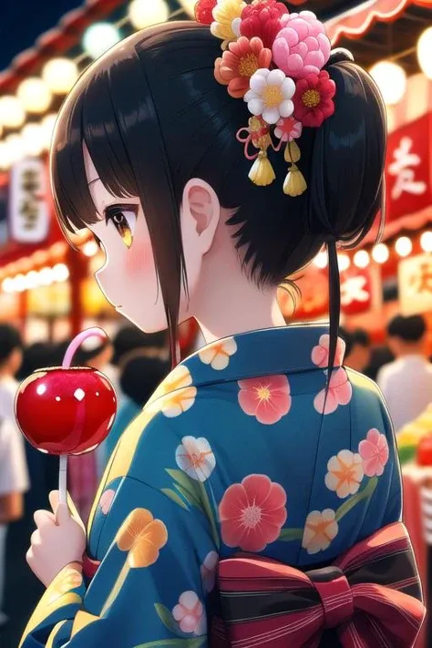 masterpiece,best quality,ultra detail,(candy apple),girl,blush,yellow yukata,night,Festival,market,shop, RGAM,<lora:candy_apple_v1:0.5>black ponytail hair,hair ornaments,fireworks,from back,Nape of neck