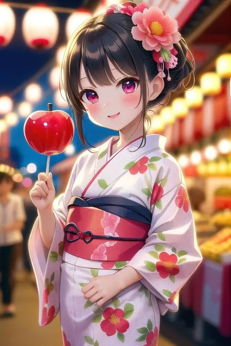 (masterpiece), best quality, high resolution, highly detailed, detailed background, perfect lighting, 1girl, medium breasts, yukata, japanese clothes, floral print, hair ornament, looking at viewer, smile, open mouth, candy apple