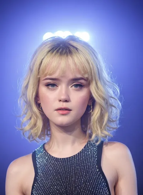 (Maisie Peters), (formal portrait), (Otherworldly Alien Landscape background), Haze Filter rays of light effect, rim volumetric lighting, Enchanting, (girl) looking away, indifference expression, Spiky Haircut hair, blonde hair colour, hairy body type, hand in hair, Gamboge puce, neon clothes, Attending a music concert, stage lights, freckles, <lora:Maisie_Peters:1>