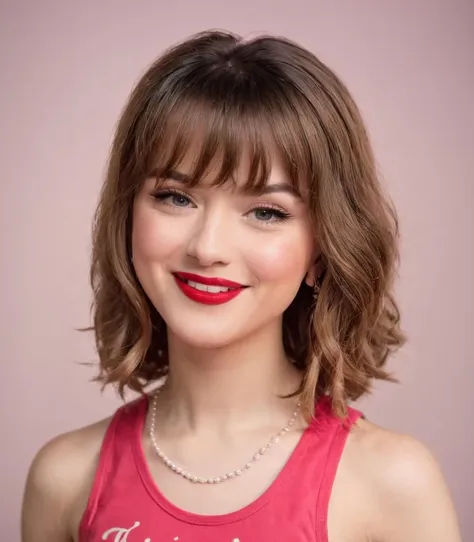 Close up of Masie Peters in pink tank top, smiling, red lipstick, rim lighting, soft lighting, detailed face, bangs haircut, highest quality, masterpiece, <lora:Maisie_Peters:1> in a bedroom.