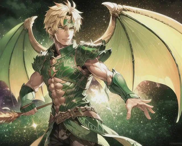 A man wearing (green armor), DragoonArmor1, (dragon wings), (symmetrical wings), epic, fantasy, rpg, solo focus, detailed, intricate, best quality, ((masterpiece)), headband, flying in the air, cloudy background, short hair, blonde hair, holding a spear, sparkly, particle effects, <lora:DragoonArmor1:0.6>, vibrant, bright colors, vivid, lucid, flying pose, ((realistic photo))
