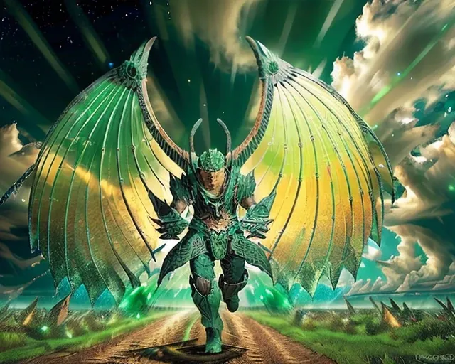 A man wearing (green armor), DragoonArmor1, (dragon wings), (symmetrical wings), epic, fantasy, rpg, solo focus, detailed, intricate, best quality, ((masterpiece)), headband, flying in the air, cloudy background, short hair, blonde hair, holding a spear, sparkly, particle effects, <lora:DragoonArmor1:0.9>, vibrant, bright colors, vivid, lucid, flying pose, ((realistic photo))