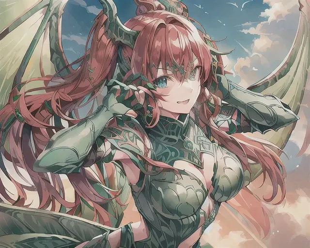 A woman wearing (green armor), DragoonArmor1, (dragon wings), (symmetrical wings), epic, fantasy, rpg, solo focus, (detailed face, blue eyes), headband, flying in the air, cloudy background, long hair, red hair, twintails, cute, <lora:DragoonArmor1:0.7> vibrant, bright colors, vivid, lucid, flying pose, ((realistic photo))