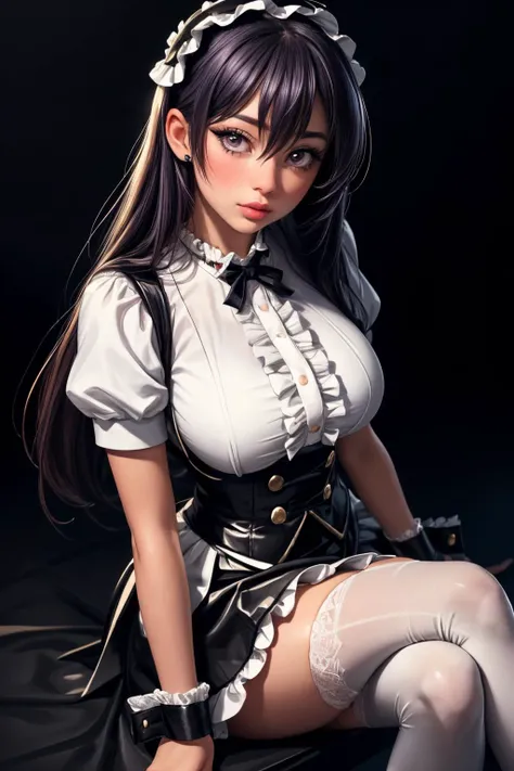 (ultra realistic,32k,RAW photo:1.1),(high detailed skin:1.1), 8k uhd, dslr, high quality, film grain, (makeup, mascara:1.1), lips,(thick\lips\),
(shiny glossy translucent clothing:1.1), <lora:tedeza_rize:0.8>ccrize,long hair,hair between eyes,bangs,fake animal ears,rabbit ears,floppy ears,frilled hairband,waitress,fleur de lapin uniform,collared shirt,white shirt,puffy short sleeves,waist apron,white apron,frills,short sleeves,wrist cuffs,black skirt,white thighhighs,, <lora:add_detail:0.86>, huge breast,
(looking at viewer, sitting, crossed legs, from above:1.1),,
(busty:1.1) , (chubby:0.1),(glow in the dark:1.1),<lora:LowRA:0.4>, dark theme, A dark and evil land