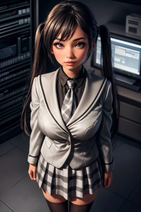(ultra realistic,32k,RAW photo:1.1),(high detailed skin:1.1), 8k uhd, dslr, high quality, film grain, (makeup, mascara:1.1), lips,(thick\lips\),
(shiny glossy translucent clothing:1.1), <lora:tedeza_rize:0.8>bbrize,long hair,twintails,hairclip,school uniform,blazer,white jacket,(grey necktie:1.2),black shirt,collared shirt,long sleeves,grey skirt,plaid,socks,(black socks:1.2),, <lora:add_detail:0.94>, huge breast,
(looking at viewer, standing from above:1.1),,
(busty:1.1) , (chubby:0.1),(soft shaded:1.1),<lora:LowRA:0.4>, dark theme, quantum data bank, advanced encryption, secure data storage, quantum computing infrastructure