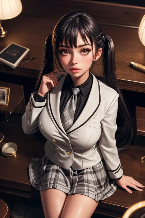 (ultra realistic,32k,RAW photo:1.1),(high detailed skin:1.1), 8k uhd, dslr, high quality, film grain, (makeup, mascara:1.1), lips,(thick\lips\), 
(shiny glossy translucent clothing:1.1), <lora:tedeza_rize:0.8>bbrize,long hair,twintails,hairclip,school uniform,blazer,white jacket,(grey necktie:1.2),black shirt,collared shirt,long sleeves,grey skirt,plaid,socks,(black socks:1.2),, <lora:add_detail:0.86>, huge breast, 
(looking at viewer, lying from above:1.1),, 
 (busty:1.1) ,  (chubby:0.1),(neon pastel light:1.1),<lora:LowRA:0.4>, dark theme, antique market, vintage treasures, eclectic finds, collectors