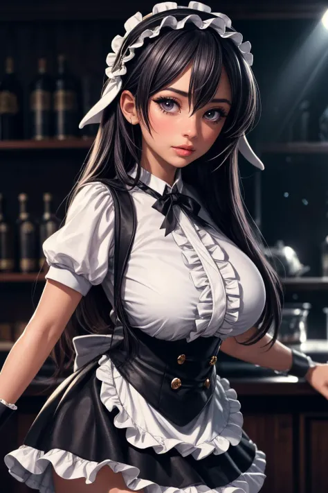 black hair, eyelashes, fangs, blue eyes, ultra-detailed, high quality, highres, absurdres, best quality, best quality, long hair, bright pupils, shiny lips, bag lips, extremely detailed, detailed face, shiny eyes, big breasts, large breasts, pale skin, maid, maid coffee, sexy maid, cafe, coffee shop
