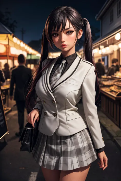 (ultra realistic,32k,RAW photo:1.1),(high detailed skin:1.1), 8k uhd, dslr, high quality, film grain, (makeup, mascara:1.1), lips,(thick\lips\),
(shiny glossy translucent clothing:1.1), <lora:tedeza_rize:0.8>bbrize,long hair,twintails,hairclip,school uniform,blazer,white jacket,(grey necktie:1.2),black shirt,collared shirt,long sleeves,grey skirt,plaid,socks,(black socks:1.2),, <lora:add_detail:0.8>, huge breast,
(looking at viewer, Bend forward:1.1),
(busty:1.1) , (chubby:0.1),(soft shaded:1.1),<lora:LowRA:0.4>, dark theme, cybernetic night market, illuminated stalls, black-market tech, futuristic contraband
