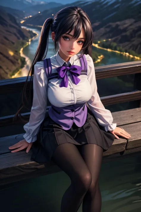 (ultra realistic,32k,RAW photo:1.1),(high detailed skin:1.1), 8k uhd, dslr, high quality, film grain, (makeup, mascara:1.1), lips,(thick\lips\),
(shiny glossy translucent clothing:1.1), <lora:tedeza_rize:0.8>aarize,long hair,twintails,hairclip,rabbit house uniform,waitress,purple bowtie,vest,purple vest,wing collar,white shirt,long sleeves,black skirt,long skirt,(black pantyhose:1.2),, <lora:add_detail:0.81>, huge breast,
(looking at viewer, sitting, from above:1.1),,
(busty:1.1) , (chubby:0.1),(neon pastel light:1.1),<lora:LowRA:0.4>, dark theme, valley, encircled by mountains, meandering river, scenic