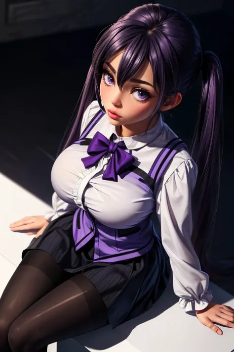 (masterpiece:1.4),(highest quality),very detailed,Complex,(show your breasts),(show nipples),1 girl, alone, bangs, blush, put your hand on your chest, jill stingray, long sleeve, looking at the viewer, purple hair, medium breasts, tie, shirt, alone, Upper body, vest,  bartender, vest, white shirt,show your breasts,show nipples