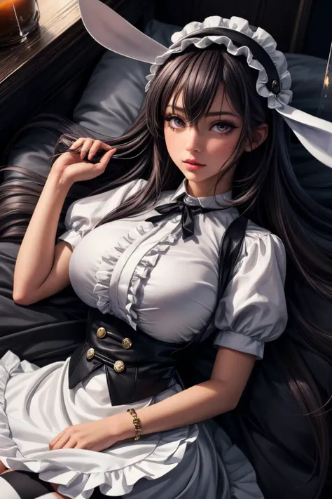 (ultra realistic,32k,RAW photo:1.1),(high detailed skin:1.1), 8k uhd, dslr, high quality, film grain, (makeup, mascara:1.1), lips,(thick\lips\),
(shiny glossy translucent clothing:1.1), <lora:tedeza_rize:0.8>ccrize,long hair,hair between eyes,bangs,fake animal ears,rabbit ears,floppy ears,frilled hairband,waitress,fleur de lapin uniform,collared shirt,white shirt,puffy short sleeves,waist apron,white apron,frills,short sleeves,wrist cuffs,black skirt,white thighhighs,, <lora:add_detail:0.75>, huge breast,
(looking at viewer, lying from above:1.1),,
(busty:1.1) , (chubby:0.1),(radiant:1.1),<lora:LowRA:0.4>, dark theme, stormweaver's reach, crackling lightning, storm-touched landscapes, tempestuous power