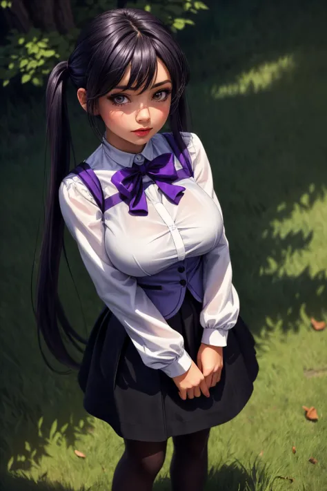 (ultra realistic,32k,RAW photo:1.1),(high detailed skin:1.1), 8k uhd, dslr, high quality, film grain, (makeup, mascara:1.1), lips,(thick\lips\),
(shiny glossy translucent clothing:1.1), <lora:tedeza_rize:0.8>aarize,long hair,twintails,hairclip,rabbit house uniform,waitress,purple bowtie,vest,purple vest,wing collar,white shirt,long sleeves,black skirt,long skirt,(black pantyhose:1.2),, <lora:add_detail:0.76>, huge breast,
(looking at viewer, standing from above:1.1),,
(busty:1.1) , (chubby:0.1),(radiant:1.1),<lora:LowRA:0.4>, dark theme, picnic spot, shady trees, soft grass, outdoor relaxation