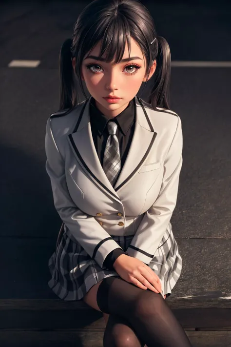 (ultra realistic,32k,RAW photo:1.1),(high detailed skin:1.1), 8k uhd, dslr, high quality, film grain, (makeup, mascara:1.1), lips,(thick\lips\), 
(shiny glossy translucent clothing:1.1), <lora:tedeza_rize:0.8>bbrize,long hair,twintails,hairclip,school uniform,blazer,white jacket,(grey necktie:1.2),black shirt,collared shirt,long sleeves,grey skirt,plaid,socks,(black socks:1.2),, <lora:add_detail:0.75>, huge breast, 
(looking at viewer, sitting, crossed legs, from above:1.1),, 
 (busty:1.1) ,  (chubby:0.1),(refraction:1.1),<lora:LowRA:0.4>, dark theme, street,   overlays, ar advertisements, real-time data streams, sensory-enhanced experiences