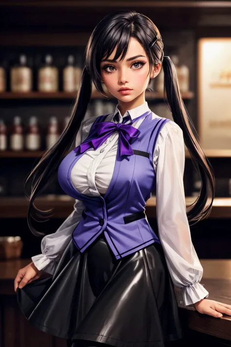 (ultra realistic,32k,RAW photo:1.1),(high detailed skin:1.1), 8k uhd, dslr, high quality, film grain, (makeup, mascara:1.1), lips,(thick\lips\),
(shiny glossy translucent clothing:1.1), <lora:tedeza_rize:0.8>aarize,long hair,twintails,hairclip,rabbit house uniform,waitress,purple bowtie,vest,purple vest,wing collar,white shirt,long sleeves,black skirt,long skirt,(black pantyhose:1.2),, <lora:add_detail:0.92>, huge breast,
(looking at viewer, sitting:1.1),,
(busty:1.1) , (chubby:0.1),(soft shaded neon light:1.1),<lora:LowRA:0.4>, dark theme, futuristic night market, neon-lit stalls, tech gadgets, trinkets, culinary innovations