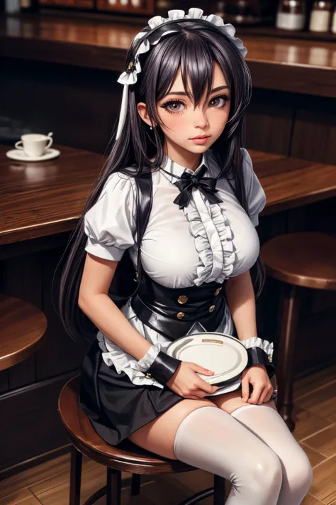 (ultra realistic,32k,RAW photo:1.1),(high detailed skin:1.1), 8k uhd, dslr, high quality, film grain, (makeup, mascara:1.1), lips,(thick\lips\), 
(shiny glossy translucent clothing:1.1), <lora:tedeza_rize:0.8>ccrize,long hair,hair between eyes,bangs,fake animal ears,rabbit ears,floppy ears,frilled hairband,waitress,fleur de lapin uniform,collared shirt,white shirt,puffy short sleeves,waist apron,white apron,frills,short sleeves,wrist cuffs,black skirt,white thighhighs,, <lora:add_detail:0.82>, huge breast, 
(looking at viewer, sitting, crossed legs, from above:1.1),, 
 (busty:1.1) ,  (chubby:0.1),(iridescence:1.1),<lora:LowRA:0.4>, dark theme, A very trendy and frequented place with footprints everywhere and wear on the floor
