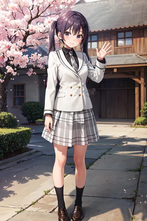 masterpiece,best quality,highres,ultra-detailed,bbrize,long hair,twintails,hairclip,school uniform,blazer,white jacket,(grey necktie:1.2),black shirt,collared shirt,long sleeves,grey skirt,plaid,socks,black socks,loafers,brown footwear,<lora:tedeza_rize:0.8>,outdoors,cherry blossoms,standing,smile,waving,cowboy shot,