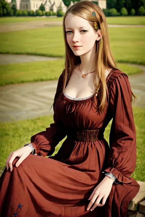 realistic, <lora:LoRA_MandiCollins_SD1.5_v0.2:0.7> An intricate full color portrait of MandiCollins, eyes directed to camera, (wearing a renaissance dress:1.3), sharp focus, natural lighting, subsurface scattering, f2, 35mm, 8K, castle garden background
