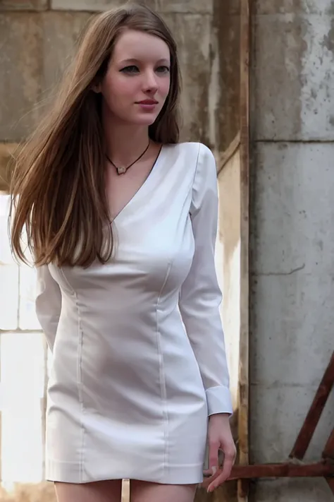 realistic, <lora:LoRA_MandiCollins_SD1.5_v0.2:0.7> An intricate full color portrait of MandiCollins, eyes directed to camera, (wearing a white dress:1.3), sharp focus, natural lighting, subsurface scattering, f2, 35mm, 8K