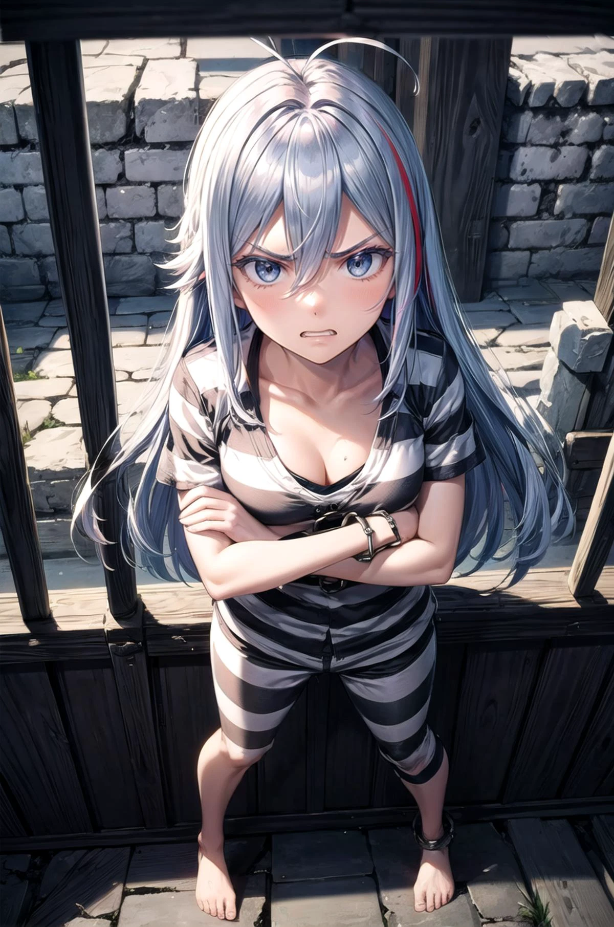 (masterpiece, best quality, detailed), 1girl, solo, looking at viewer, <lora:vladilena_millize_v1:0.7>, aalena, long hair, hair between eyes, medium breasts, streaked hair, <lora:priclothes:0.7>, priclothes, striped clothes, shirt, indoors, dungeon, slave, prison, prison cell, stone wall, cracked wall, bars, dark, backlighting, dirty, crossed arms, antenna hair, short sleeves, cleavage, pants, cuffs, handcuffs, from above, stone floor, full body, barefoot, angry, glaring, clenched teeth