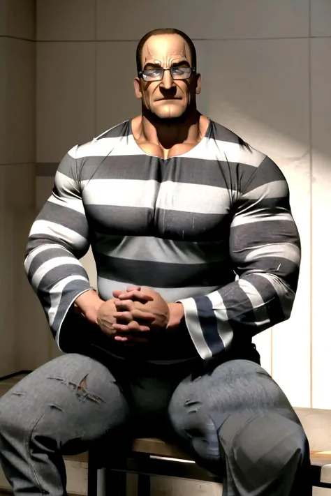 Masterpiece, best quality, 1boy, upper body, <lora:priclothes-70:1>, priclothes, striped clothes, shirt, (wide sleeves), long sleeves, striped clothes, striped pants, black footwear, indoors, prison cell, prison, (sitting), spread legs, crossed arms, glasses, <lora:senatorArmstrong:1>, senatorarmstrong, muscular male, window,