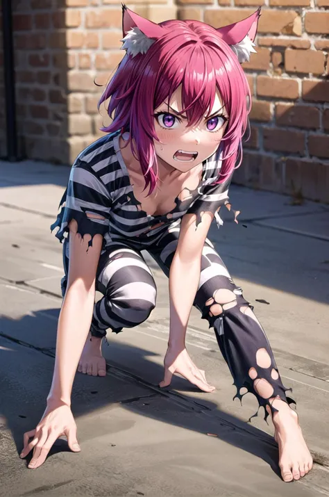 (masterpiece, best quality, detailed), 1girl, solo, looking at viewer, <lora:PrincessConnect_Tamaki:0.8>, Tamaki, multicolored hair, short hair, cat ears, cat tail, <lora:priclothes:0.7>, priclothes, striped clothes, shirt, indoors, dungeon, slave, prison, prison cell, brick wall, cracked wall, bars, dirty, all fours, full body, purple eyes, short sleeves, pants, barefoot, stone floor, (torn clothes:1.4), on floor, (torn shirt:1.2), (torn pants), angry, clenched teeth