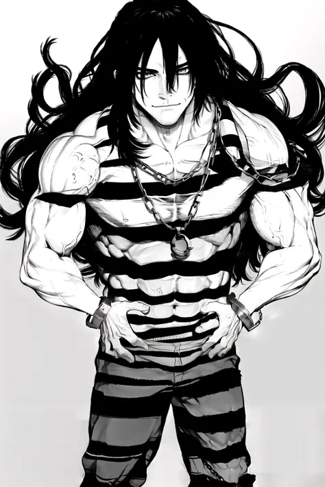 <lora:priclothes-70:1>, priclothes, striped clothes, shirt, 1boy, muscular male, chain, handcuffs, looking at viewer, <lora:BoichiStyleV2-000003:.7>, greyscale, black background, light smile, closed mouth, long hair, empty eyes,baggy pants, bags under eyes,, Masterpiece, best quality, Masterpiece, best quality, Masterpiece, best quality, Masterpiece, best quality, Masterpiece, best quality, Masterpiece, best quality