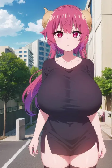 dragonilulu, <lora:dragon ilulu s2-lora-nochekaiser:1>,
ilulu, curled horns, horns, long hair, multicolored hair, purple hair, (red eyes:1.5), red hair, (slit pupils:1.5), (huge breasts:1.2),
BREAK black shirt, (long shirt:1.5), black thighhighs, collarbone, shirt, short sleeves, thighhighs, wide sleeves, zettai ryouiki,
BREAK outdoors, park, trees, sky, clouds, sun,
BREAK looking at viewer, (cowboy shot:1.5),
BREAK <lyco:GoodHands-beta2:1>, (masterpiece:1.2), best quality, high resolution, unity 8k wallpaper, (illustration:0.8), (beautiful detailed eyes:1.6), extremely detailed face, perfect lighting, extremely detailed CG, (perfect hands, perfect anatomy),