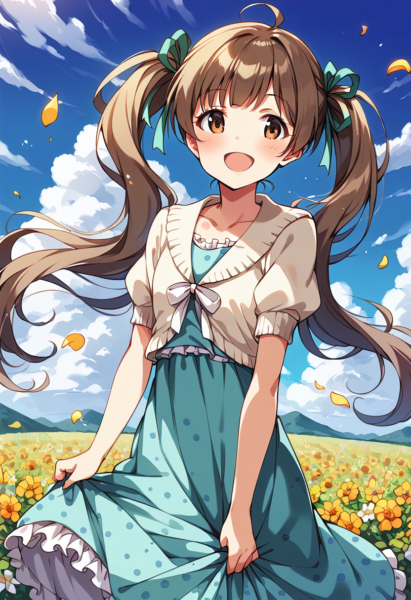 A girl in a dress standing in a field of flowers - SeaArt AI