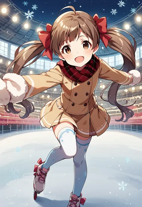 score_9, score_8_up, score_7_up, very aesthetic, source_anime BREAK
1girl, hakozaki serika, little teacher, millitheater, twintails, thighhighs, brown eyes, pantyhose, open mouth, smile, brown hair, mittens, :d, snowflakes, long hair, skating, argyle legwear, ice skates, looking at viewer, plaid scarf, ahoge, hair bow, hair ribbon, outstretched arms, zettai ryouiki, skates, winter clothes, snowing, ice skating, sparkle, white legwear, solo focus, brown coat, double-breasted, pleated skirt, brown skirt, red bow, red scarf, winter coat
<lora:hakozaki_serika_sdxl_pony_locon_v1:0.7>