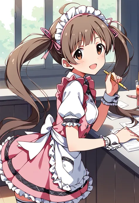 score_9, score_8_up, score_7_up, very aesthetic, source_anime BREAK
1girl, hakozaki serika, pretty-waitress, millimas, twintails, open mouth, brown eyes, smile, brown hair, ahoge, maid headdress, thighhighs, white legwear, looking at viewer, frills, very long hair, wrist cuffs, :d, puffy short sleeves, blush, hair ribbon, frilled apron, pen, white apron, pink ribbon, maid, waist apron, pink dress, white shirt, frilled dress, holding pen, looking to the side, from side, waitress, pink skirt, maid apron, frilled skirt, plaid, hand up, cowboy shot, small breasts, frilled sleeves, pencil, standing, holding pencil, eyebrows visible through hair, frilled cuffs, zettai ryouiki, white bow, cafe, indoors
<lora:hakozaki_serika_sdxl_pony_locon_v1:0.7>