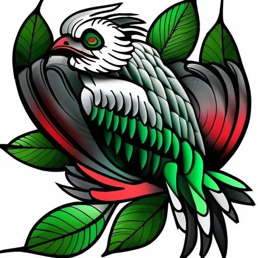 neotraditional phantatt a bird with white background , claws, dragon, feathered_wings, feathers, green_wings, leaf, no_humans, plant, teeth, wings<hypernet:phantatt:1>