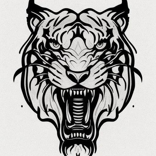 neotraditional phantatt a drawing of a tiger's head with a large, sharp teeth and a large, sharp mouth, greyscale, monochrome, monster, no_humans, open_mouth, sharp_teeth, teeth, traditional_media <hypernet:phantatt:1>