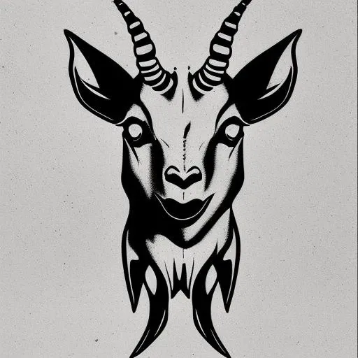 neotraditional phantatt a goat with horns and a demon face on it's back, with a cross in the background, bug, greyscale, halftone, halftone_background, horns, monochrome, monster, no_humans, sharp_teeth, spikes, teeth <hypernet:phantatt:1>