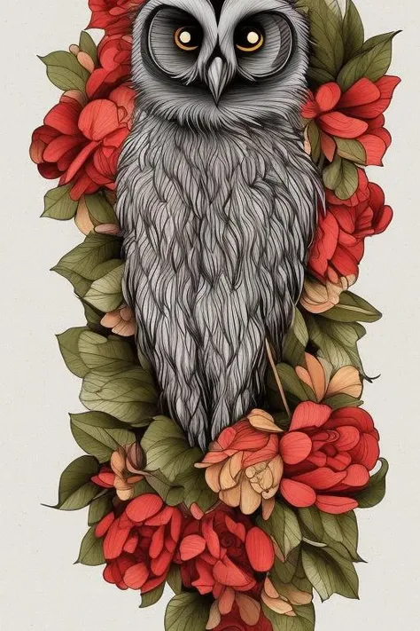 american traditional phantatt an owl with a mouse in its beak surrounded by flowers and leaves, with a mouse on its back, bamboo, berry, bouquet, branch, cactus, camellia, coconut, daisy, dandelion, flower, flower_pot, green_eyes, hibiscus, holding_flower, ivy, jungle, ladybug, leaf, lily, lily_of_the_valley, lily_pad, lotus, morning_glory, no_humans, orange_flower, palm_leaf, palm_tree, pink_flower, plant, potted_plant, red_flower, red_rose, rose, spider_lily, spring_onion, tanabata, tanzaku, tree, tulip, vase, vines, watering_can, white_flower  <hypernet:phantatt:1>