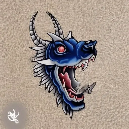 neotraditional phantatt a blue dragon head with a large, sharp teeth and a large, sharp mouth, 1boy, animalization, , asymmetrical_hair, earrings, jewelry, long_hair, magatama_earrings, male_focus, monochrome, no_humans, parody, solo, two-tone_hairr <hypernet:phantatt:1>