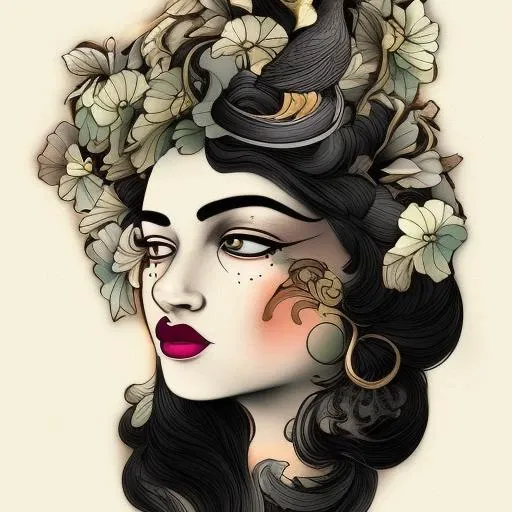 neotraditional phantatt a woman with a bird on her head and flowers in her hair, with a bird on her head, 1girl, black_hair, blunt_bangs, brown_eyes, closed_mouth, flower, lips, looking_at_viewer, makeup, portrait, solo, tassel, white_flower  <hypernet:phantatt:1>