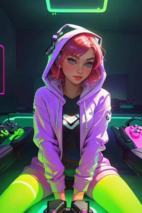 Merger_deb_blares,
(sitting at a computer wearing headphones and playing games (holding a controller:1.2) wearing a (hoodie:1.2) in a (neon lit room:1.3), (gamer:1.2), gaming, (gamer girl:1.3), games, (purple lighting, neon:1.2):1.2),
bokeh, f1.4, 40mm, photorealistic, raw, 8k, textured skin, skin pores, intricate details  <lora:epi_noiseoffset2:1>, epiCRealism <lora:ClothingAdjuster3:-1>