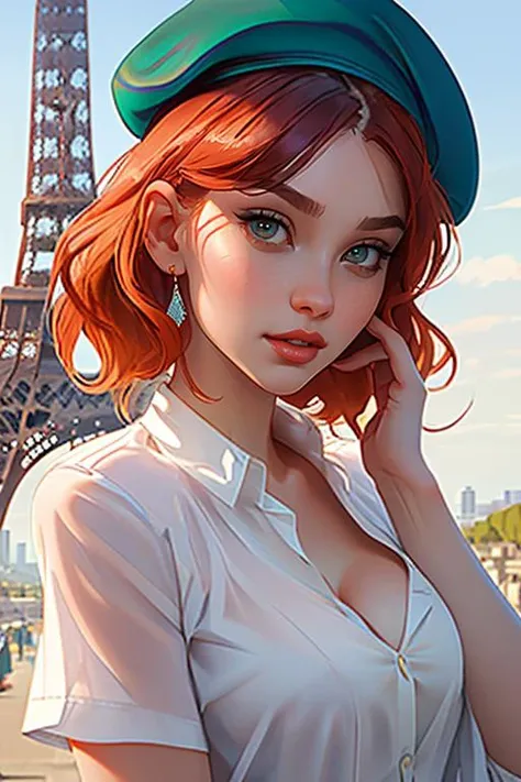 low angle photo of a gorgeous, 30 year old woman in glasses, blue eyes, milf, healthy skinny,short, clean skin texture, small, big lips, little noose,tight jeans, scarf, (red long hair in ponytail), redhead, red hair, slightly smiling,, insanely detailed eyes, symmetric eyes, little boobs, tiny boobs, small tits, small perky breasts, big shoulder, little neck, long lash, full lips, big lower lip, pink lips, firm breast, firm pushup, push up, firm chest, eiffel tower in background, paris at night, moon on the sky, (looking at viewer:1.3)