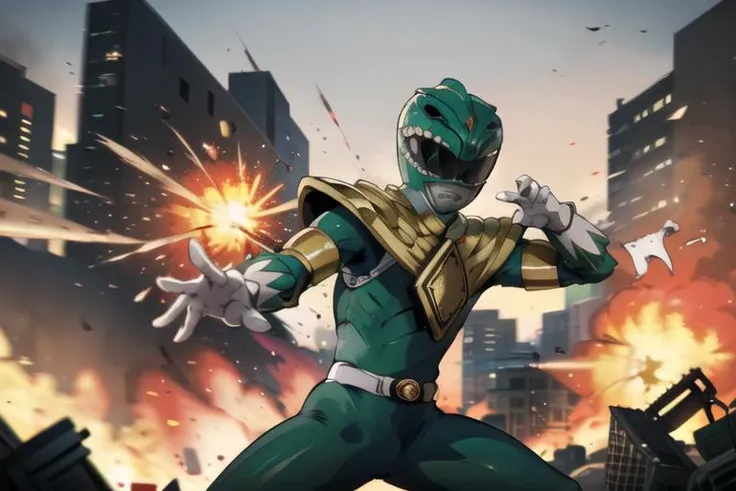 ((masterpiece,best quality)), absurdres,
<lora:Dragonranger-10:1>, Greenranger, solo, detailed helmet and armor,
city and explosions in background, cinematic composition, dynamic pose,
