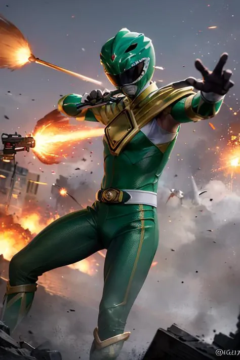 ((masterpiece,best quality)), absurdres,
<lora:Dragonranger-10:0.7>, Greenranger, solo, detailed helmet:1, detailed armor,
city and explosions in background, cinematic composition, dynamic pose,